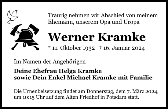 Traueranzeige von Werner Kramke von Märkischen Allgemeine Zeitung