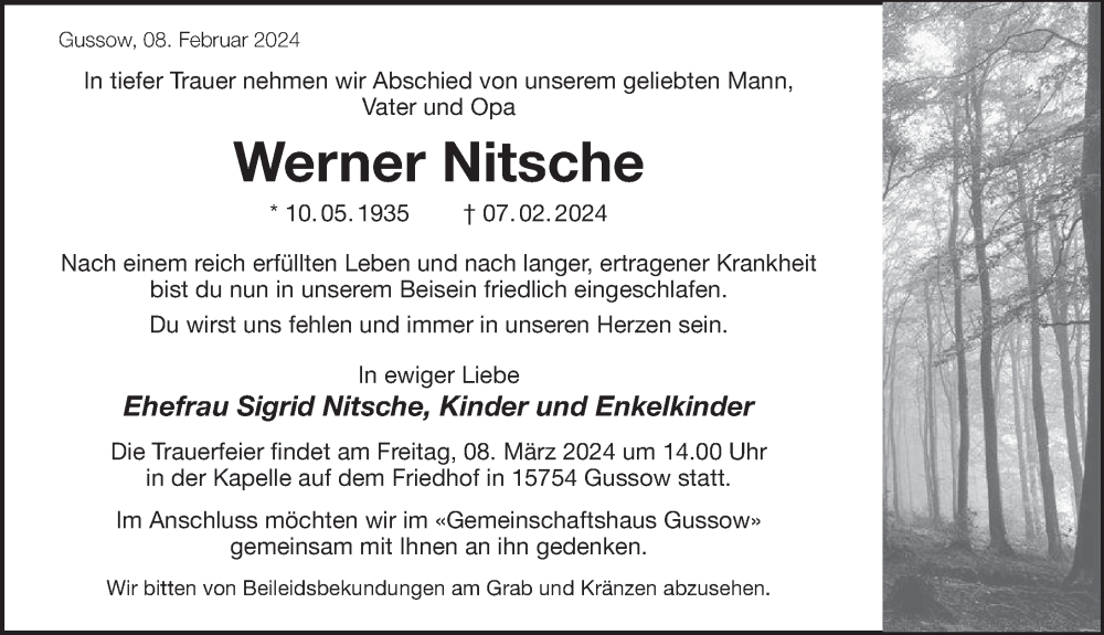  Traueranzeige für Werner Nitsche vom 17.02.2024 aus Märkischen Allgemeine Zeitung