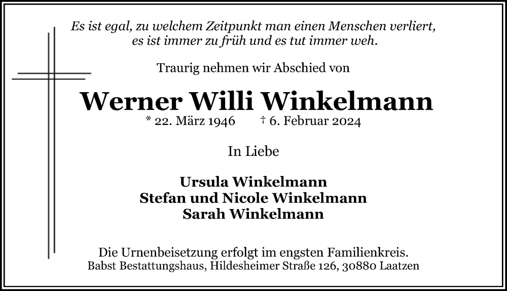  Traueranzeige für Werner Willi Winkelmann vom 10.02.2024 aus Hannoversche Allgemeine Zeitung/Neue Presse