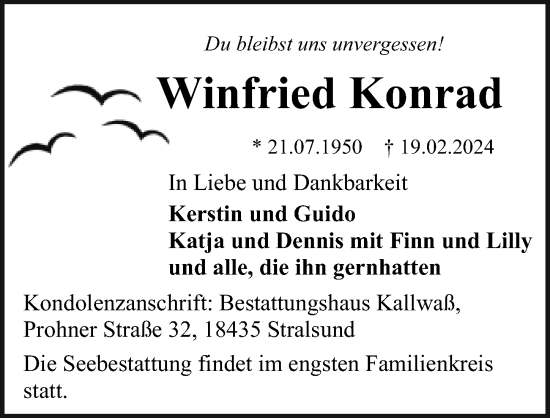 Traueranzeige von Winfried Konrad von Ostsee-Zeitung GmbH