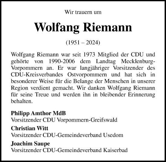 Traueranzeige von Wolfang Riemann von Ostsee-Zeitung GmbH