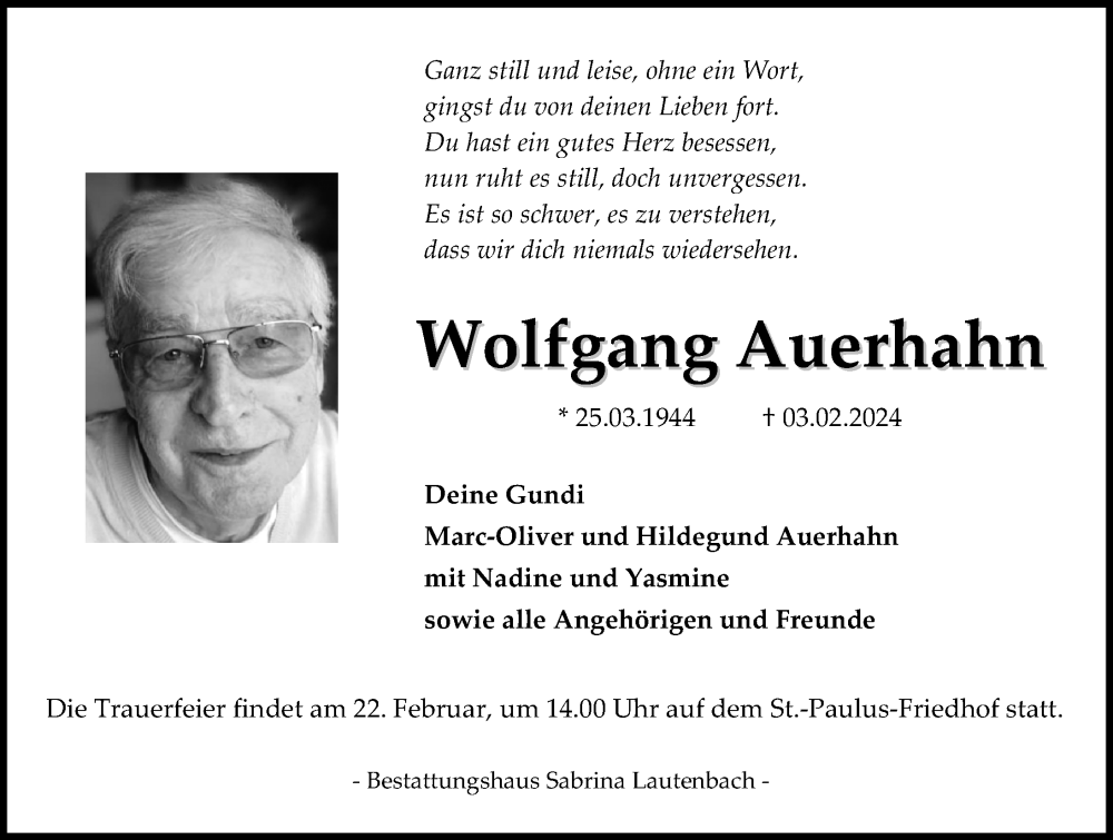 Traueranzeigen von Wolfgang Auerhahn | trauer-anzeigen.de