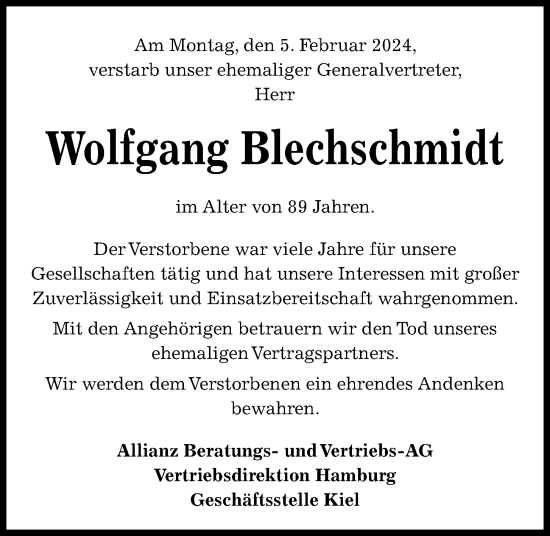 Traueranzeige von Wolfgang Blechschmidt von Kieler Nachrichten