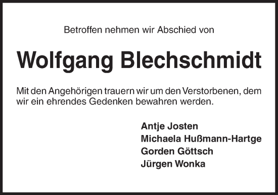 Traueranzeige von Wolfgang Blechschmidt von Kieler Nachrichten