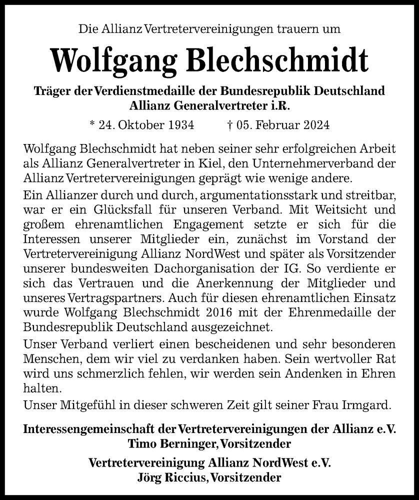  Traueranzeige für Wolfgang Blechschmidt vom 10.02.2024 aus Kieler Nachrichten
