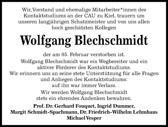 Traueranzeige von Wolfgang Blechschmidt von Kieler Nachrichten