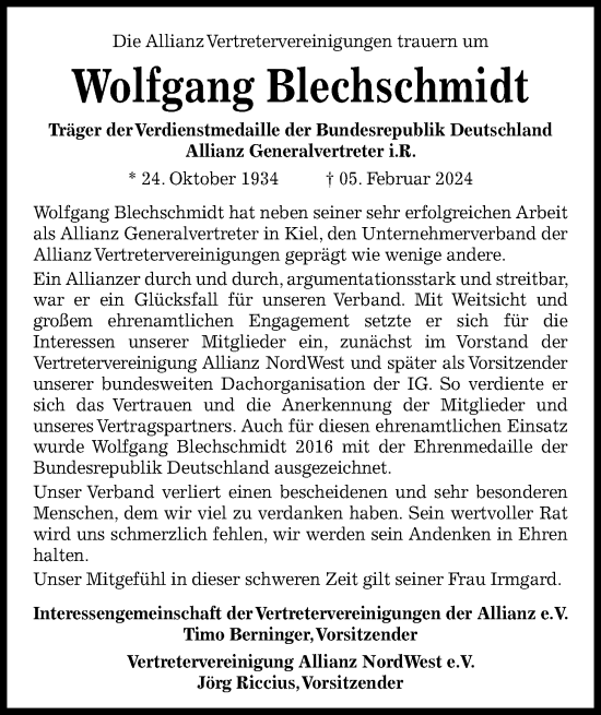 Traueranzeige von Wolfgang Blechschmidt von Kieler Nachrichten