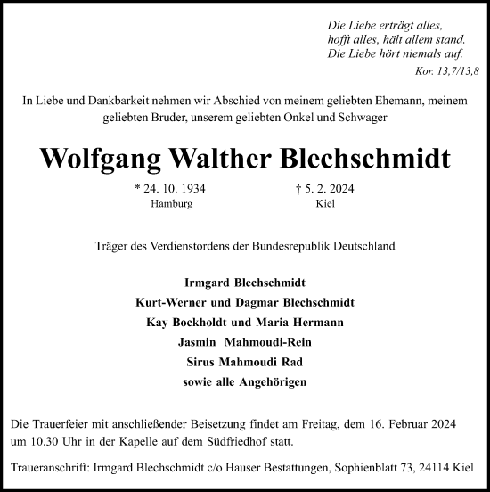 Traueranzeige von Wolfgang Blechschmidt von Kieler Nachrichten