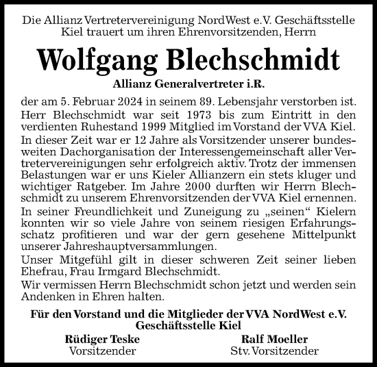 Traueranzeige von Wolfgang Blechschmidt von Kieler Nachrichten