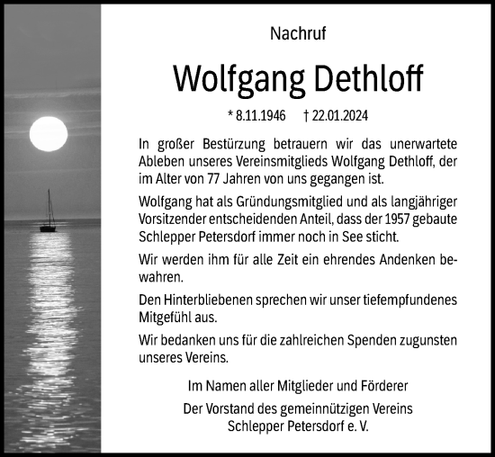 Traueranzeige von Wolfgang Dethloff von Ostsee-Zeitung GmbH