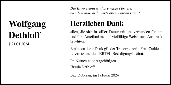 Traueranzeige von Wolfgang Dethloff von Ostsee-Zeitung GmbH