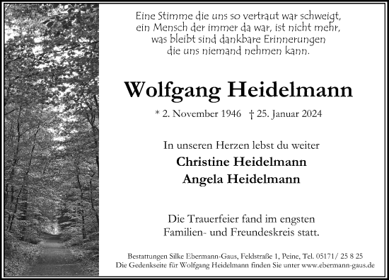Traueranzeige von Wolfgang Heidelmann von Peiner Allgemeine Zeitung