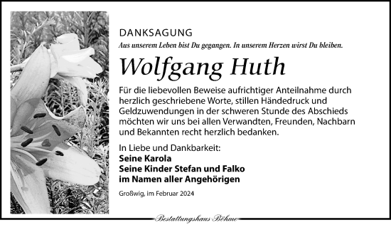 Traueranzeige von Wolfgang Huth von Torgauer Zeitung