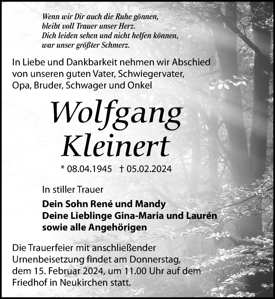  Traueranzeige für Wolfgang Kleinert vom 10.02.2024 aus Leipziger Volkszeitung