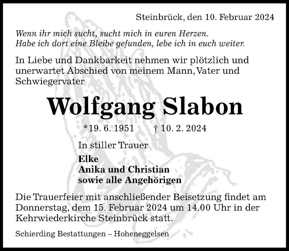  Traueranzeige für Wolfgang Slabon vom 13.02.2024 aus Peiner Allgemeine Zeitung
