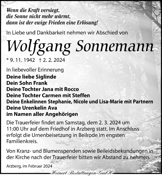 Traueranzeige von Wolfgang Sonnemann von Torgauer Zeitung