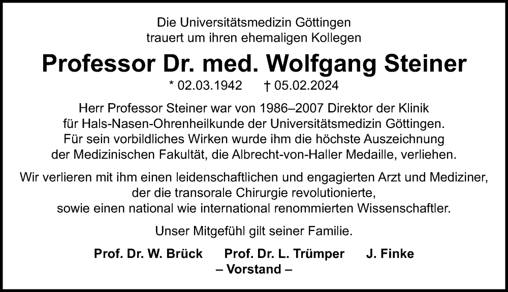  Traueranzeige für Wolfgang Steiner vom 10.02.2024 aus Göttinger Tageblatt