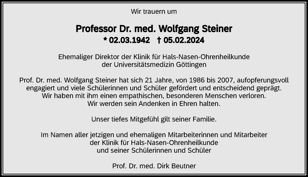  Traueranzeige für Wolfgang Steiner vom 17.02.2024 aus Göttinger Tageblatt
