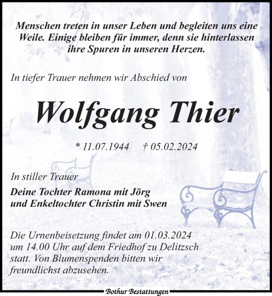 Traueranzeige von Wolfgang Thier von Leipziger Volkszeitung