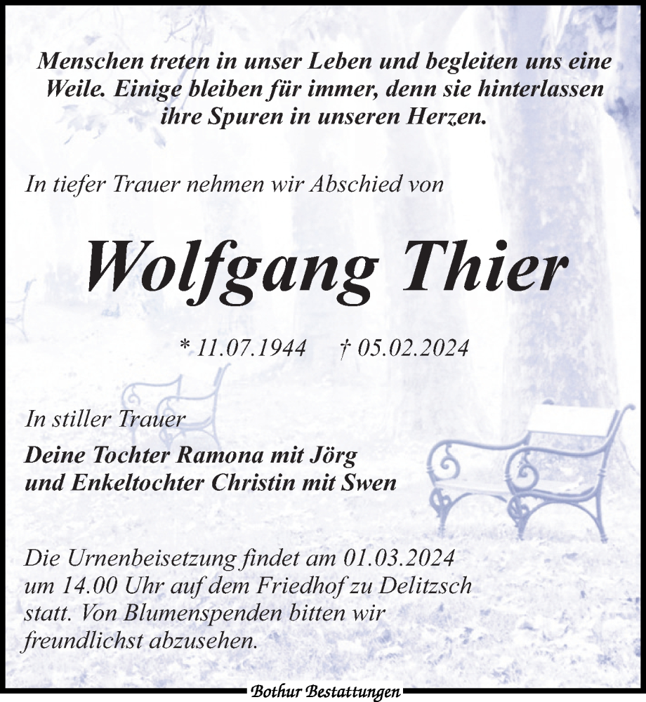  Traueranzeige für Wolfgang Thier vom 10.02.2024 aus Leipziger Volkszeitung