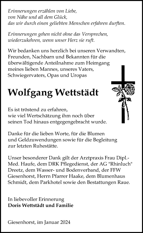 Traueranzeige von Wolfgang Wettstädt von Märkischen Allgemeine Zeitung