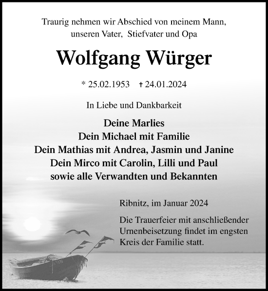 Traueranzeige von Wolfgang Würger von Ostsee-Zeitung GmbH