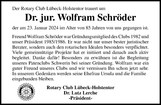 Traueranzeige von Wolfram Schröder von Lübecker Nachrichten