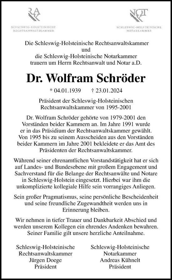 Traueranzeige von Wolfram Schröder von Lübecker Nachrichten