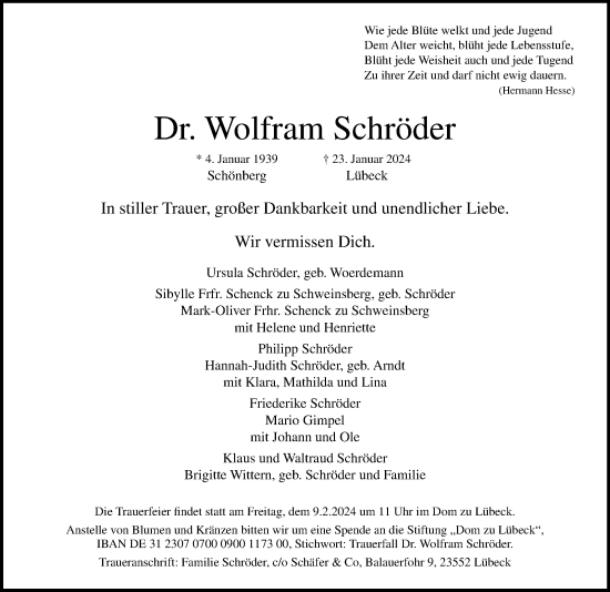 Traueranzeige von Wolfram Schröder von Lübecker Nachrichten