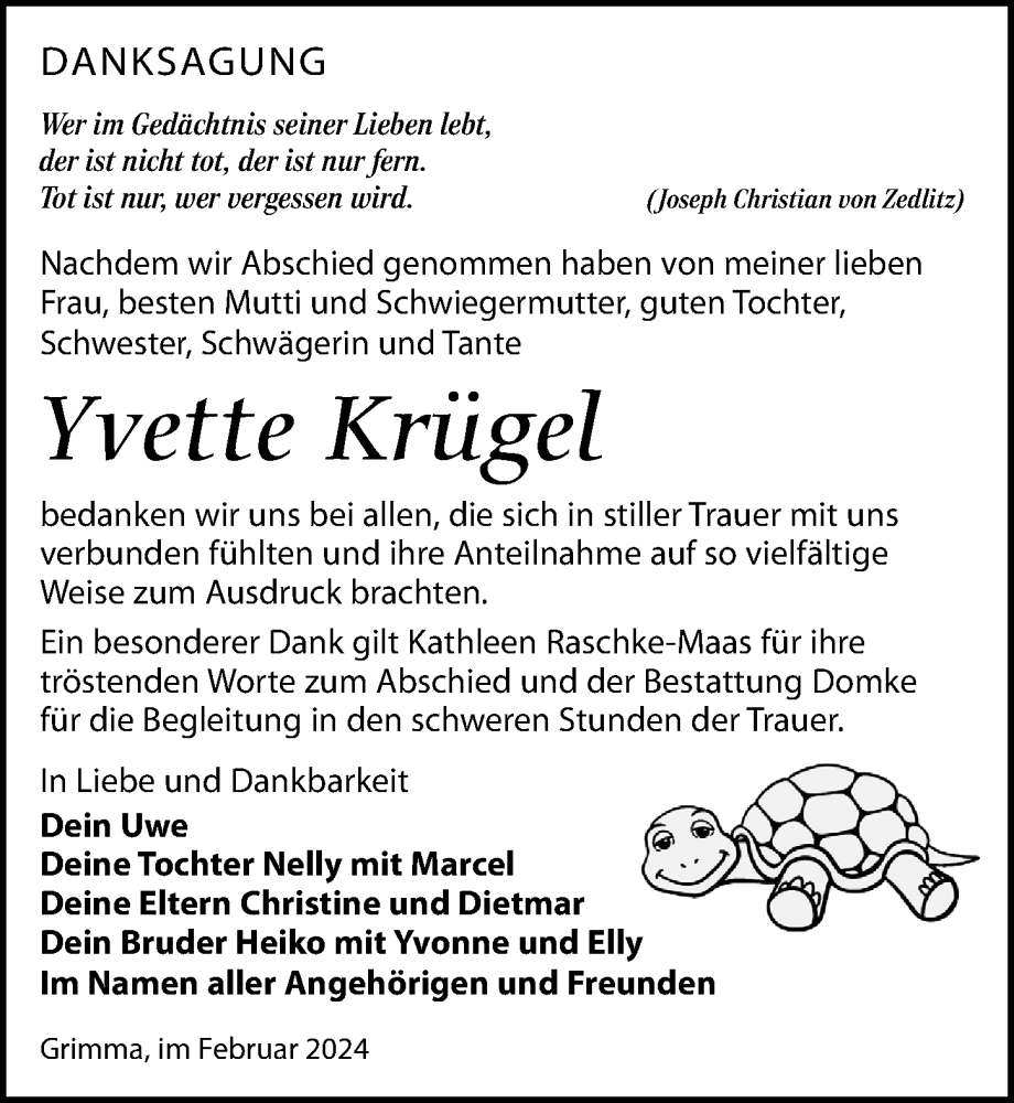  Traueranzeige für Yvette Krügel vom 24.02.2024 aus Leipziger Volkszeitung