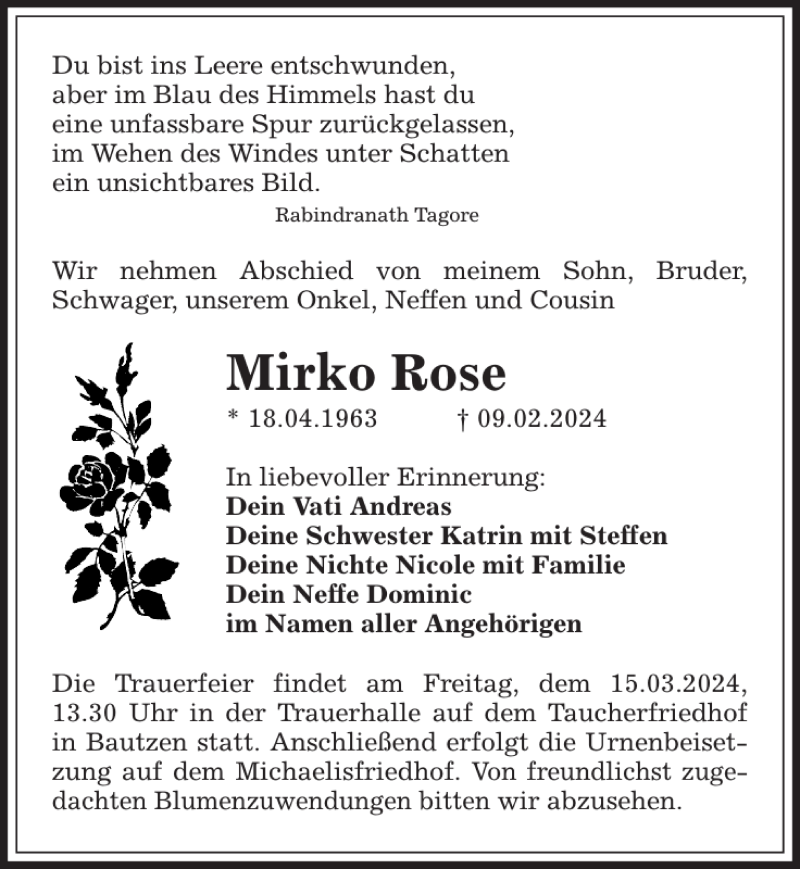  Traueranzeige für Mirko Rose vom 02.03.2024 aus Sächsische Zeitung