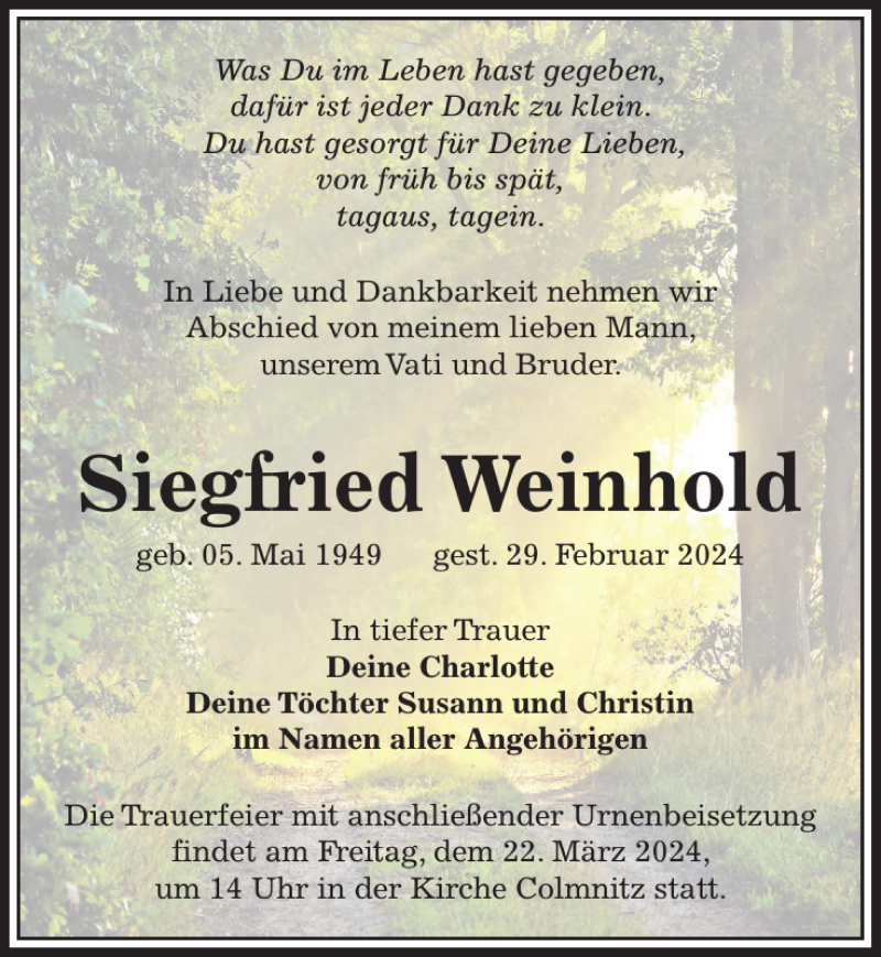  Traueranzeige für Siegfried Weinhold vom 09.03.2024 aus Sächsische Zeitung