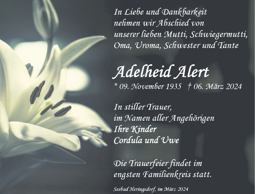  Traueranzeige für Adelheid Alert vom 16.03.2024 aus Ostsee-Zeitung GmbH