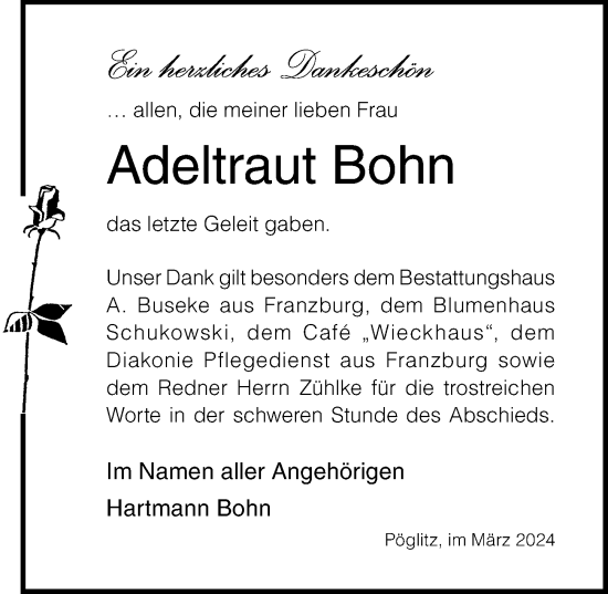 Traueranzeige von Adeltraut Bohn von Ostsee-Zeitung GmbH