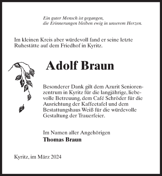 Traueranzeige von Adolf Braun von Wochenspiegel