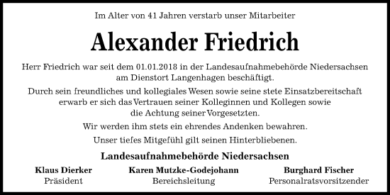Traueranzeige von Alexander Friedrich von Kieler Nachrichten