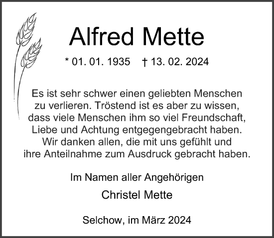 Traueranzeige von Alfred Mette von Märkischen Allgemeine Zeitung