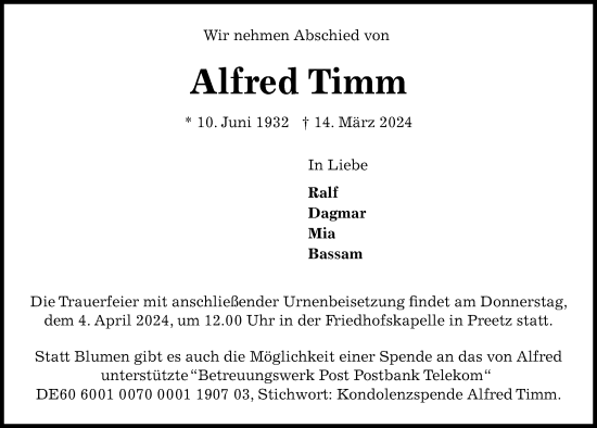 Traueranzeige von Alfred Timm von Kieler Nachrichten