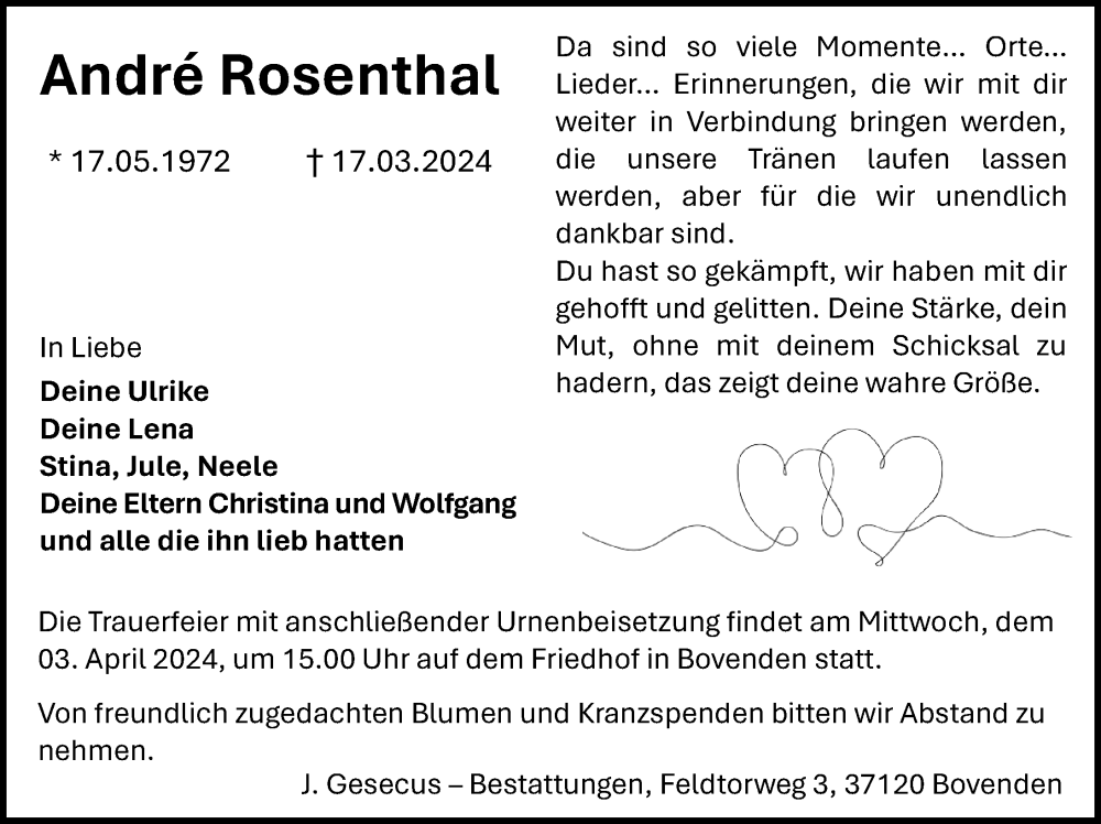  Traueranzeige für Andre Rosenthal vom 23.03.2024 aus Göttinger Tageblatt