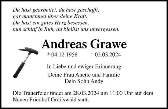 Traueranzeige von Andreas Grawe von Ostsee-Zeitung GmbH