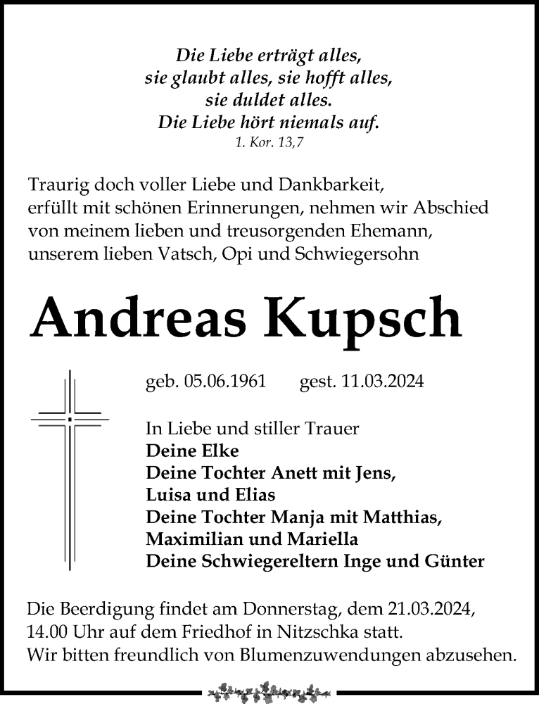  Traueranzeige für Andreas Kupsch vom 16.03.2024 aus Leipziger Volkszeitung