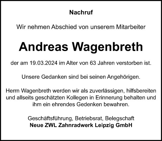 Traueranzeige von Andreas Wagenbreth von Leipziger Volkszeitung