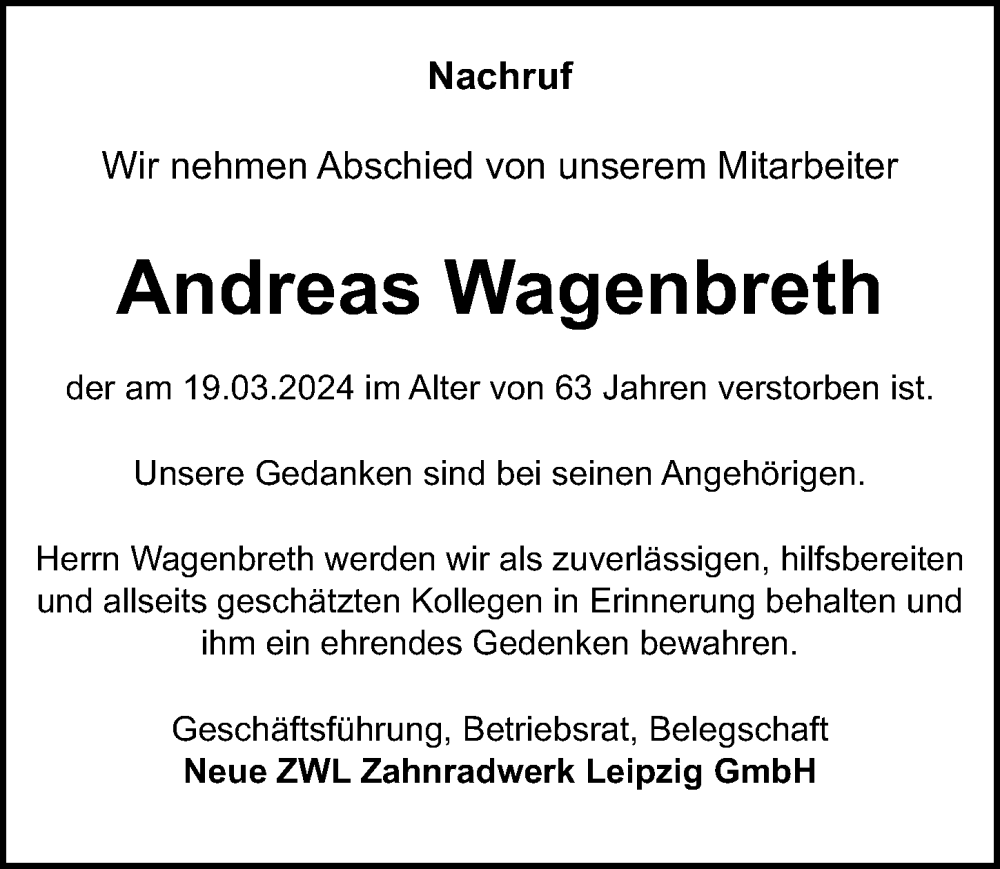  Traueranzeige für Andreas Wagenbreth vom 23.03.2024 aus Leipziger Volkszeitung