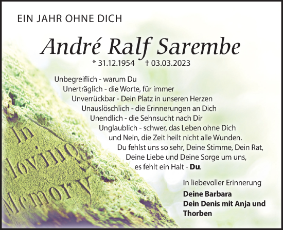 Traueranzeige von Andre Ralf Sarembe von Leipziger Volkszeitung