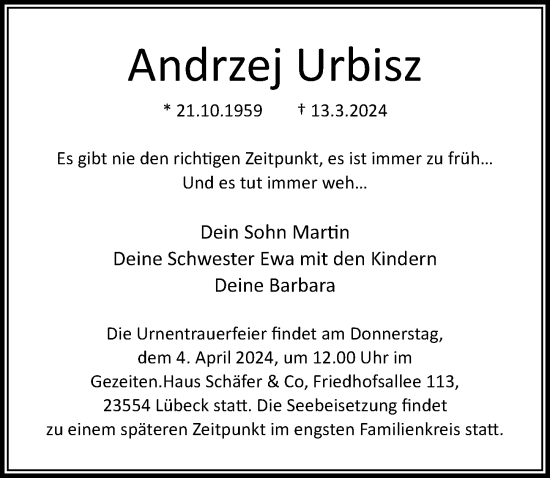 Traueranzeige von Andrzej Urbisz von Lübecker Nachrichten