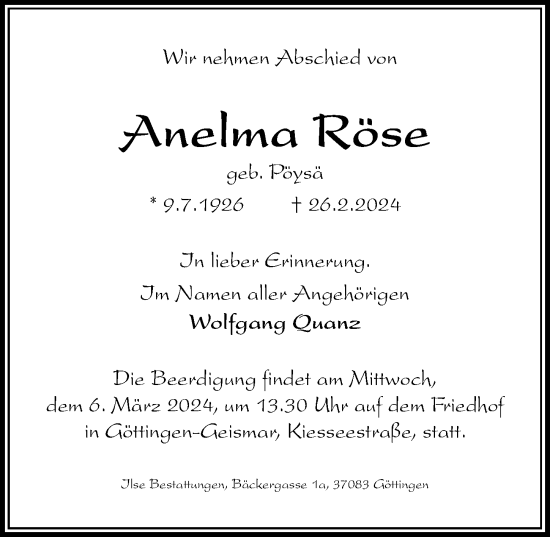 Traueranzeige von Anelma Röse von Göttinger Tageblatt