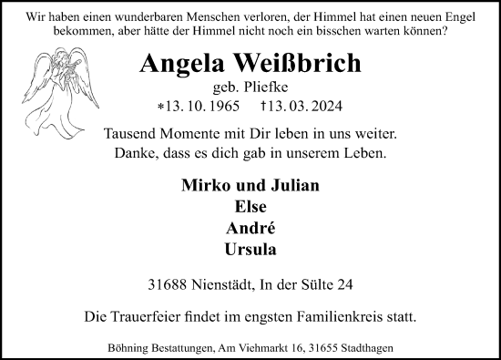 Traueranzeige von Angela Weißbrich von Schaumburger Nachrichten