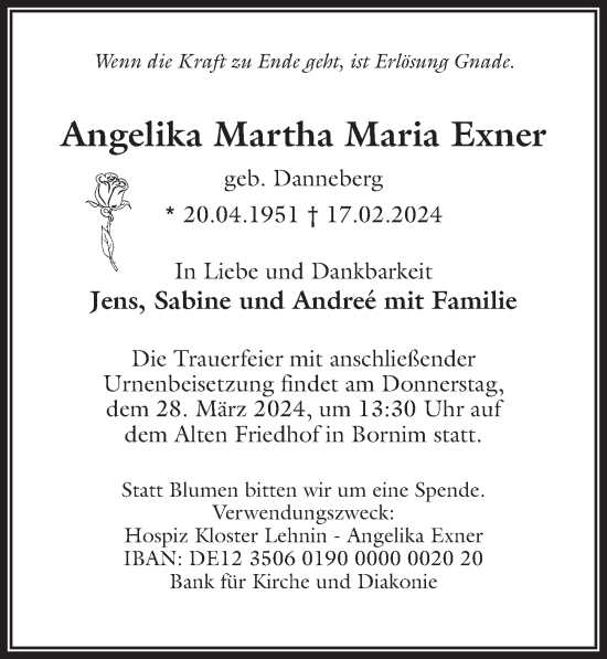 Traueranzeige von Angelika Martha Maria Exner von Märkischen Allgemeine Zeitung