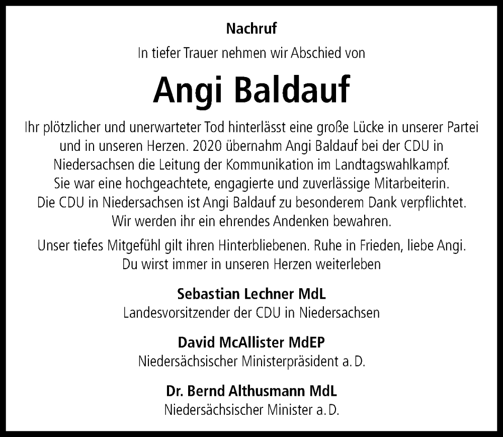  Traueranzeige für Angi Baldauf vom 16.03.2024 aus Hannoversche Allgemeine Zeitung/Neue Presse