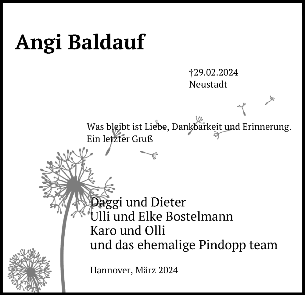  Traueranzeige für Angi Baldauf vom 09.03.2024 aus Hannoversche Allgemeine Zeitung/Neue Presse
